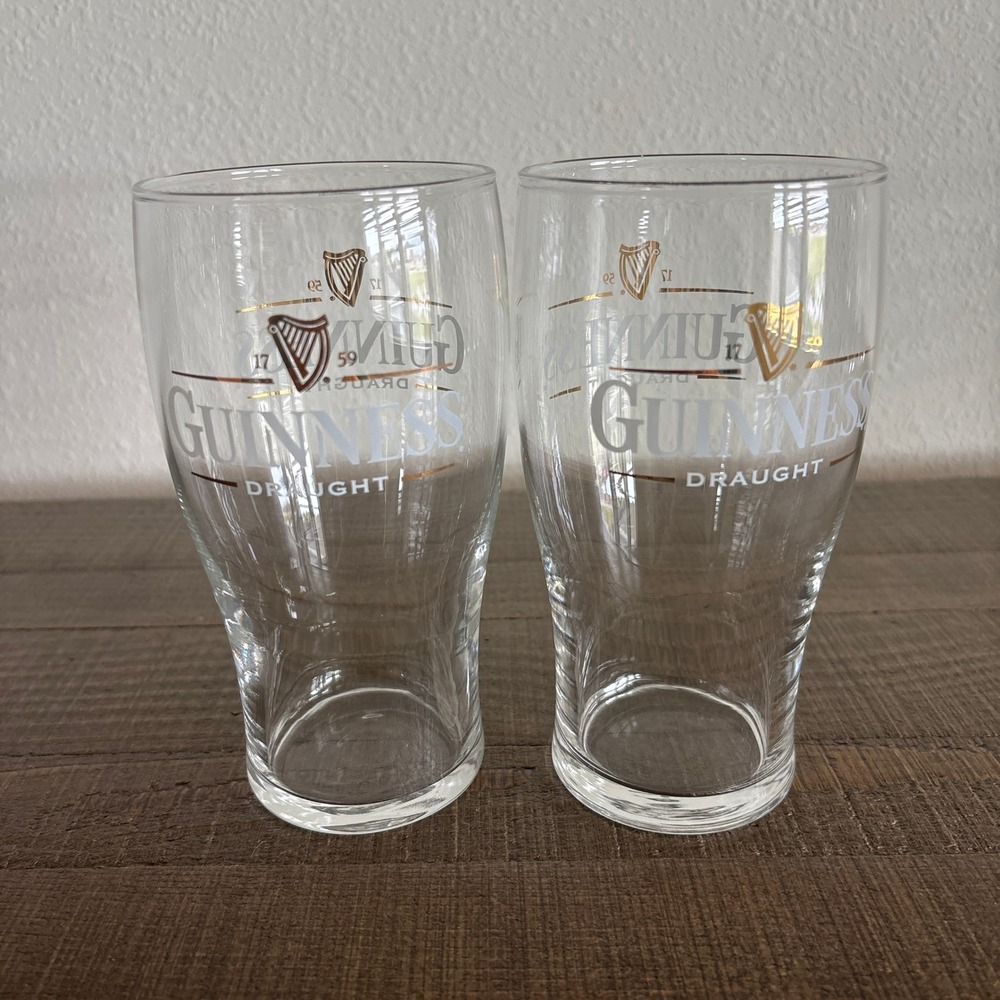 Guinness Draught‎ Beer Pint Glass Set of 2 Gold Harp Logo Barware